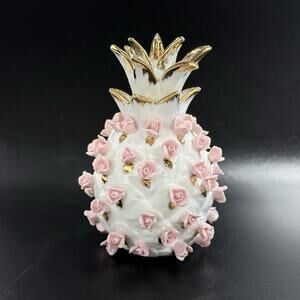 Lefton Pineapple White w/Pink Roses Flowers Cork Stopper Top Gold Trim 4" K9284